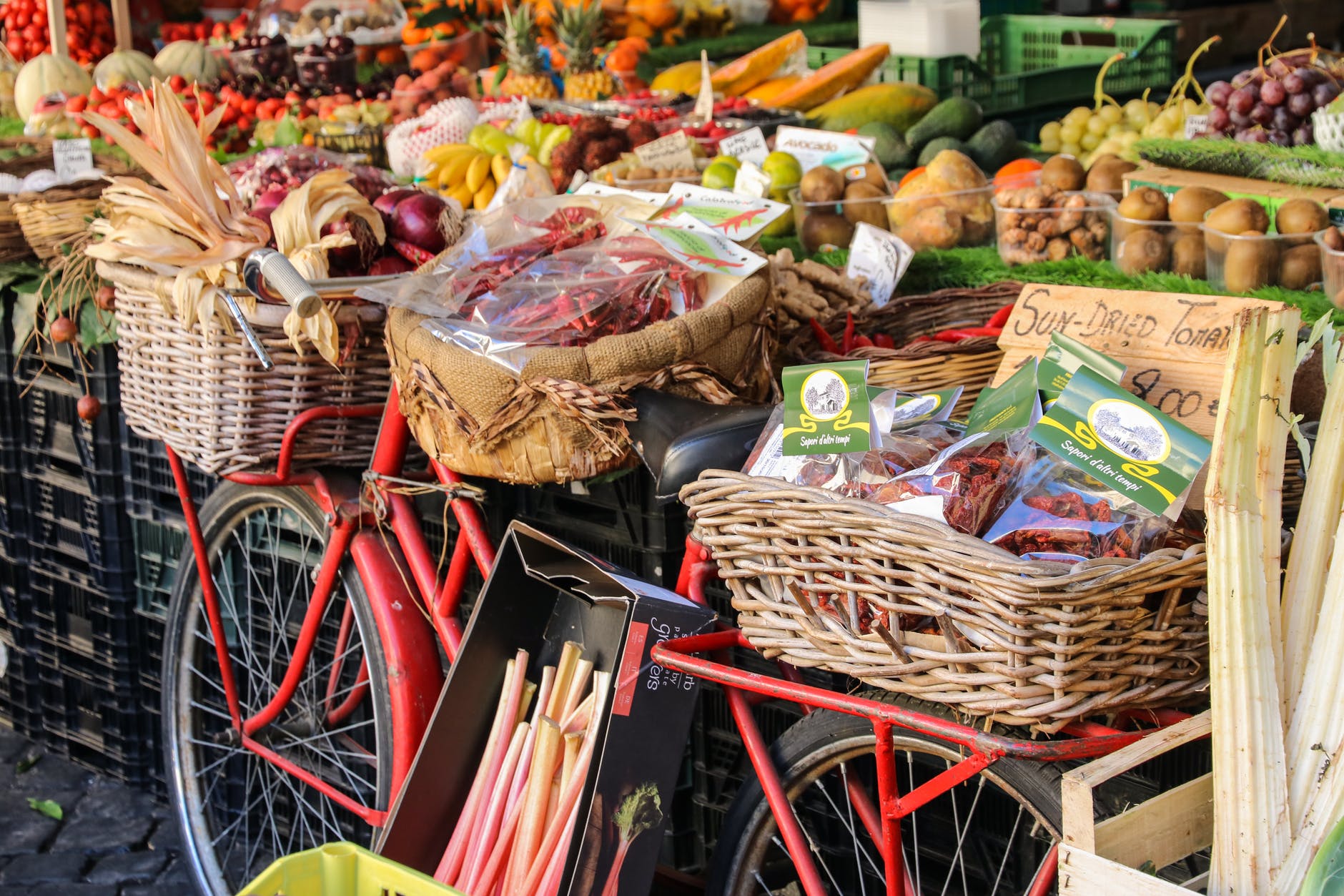 assorted fruits and vegetables in baskets for sale in the fruit market changing the way we shop to reduce your carbon footprint